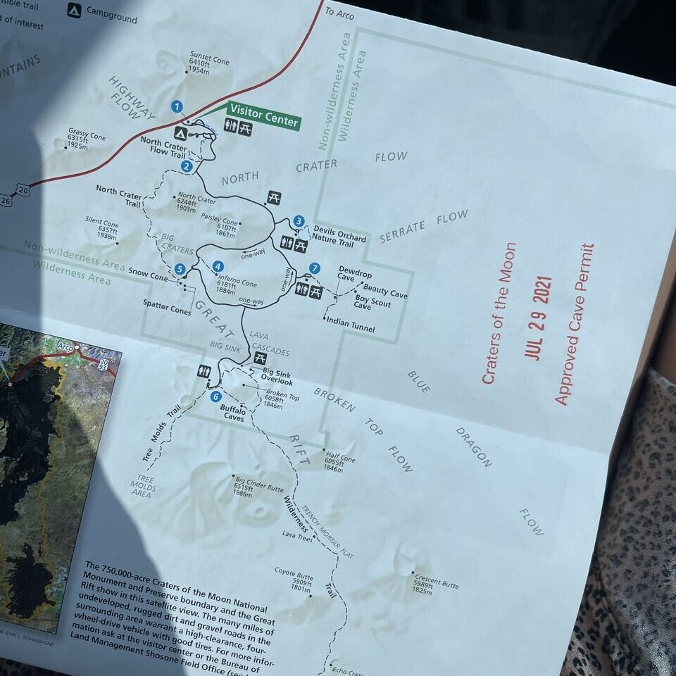 Map of craters of the moon national monument and a approved cave permit